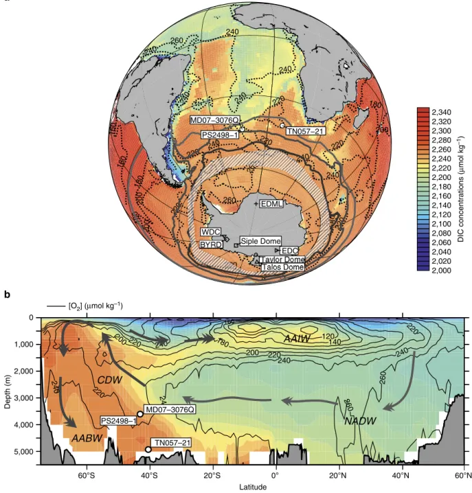 Figure 1 | Modern ocean DIC and oxygen concentrations. DIC levels (shaded) and [O 2 ] (contours, in mmol kg  1 ) 33,63 in (a) Southern Ocean- and Atlantic Ocean bottom waters and (b) in a meridional transect across the Atlantic (averaged between 70°W and 2