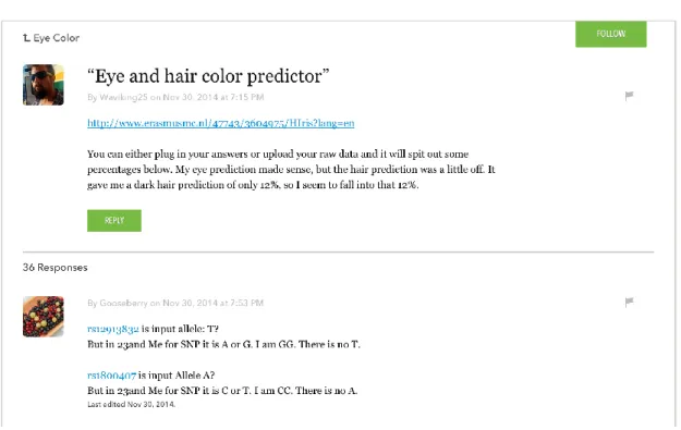 Figure 1. A discussion thread in the 23andMe forum on Eye Color, where a user suggests using an on-line software for  interpreting raw data associated with eye colour