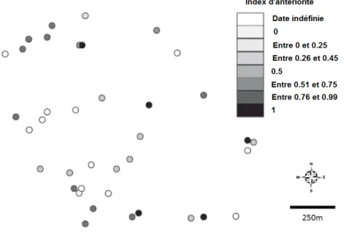 Figure 4 : Carte des tronçons de rues romainesà Reims selon l’évaluation de l’antériorité de DRefà la période d’activité de ces objets [ C YRIL DE  R UNZ , 2013]