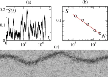 FIG. 6: Phase III (unstable bands, η = 0168). (a) Typical nematic order parameter time series for a system of linear size L = 2048