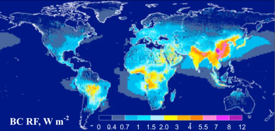 Figure 10. Global map of annual mean RF of BC derived at a high resolution of 0.1° × 0.1°