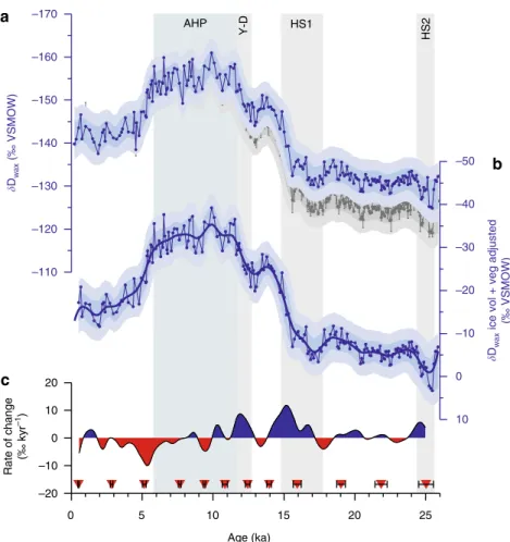 Fig. 3 δ D wax from core GeoB4905-4 in the Gulf of Guinea. a Grey timeseries represents unadjusted δ D wax 