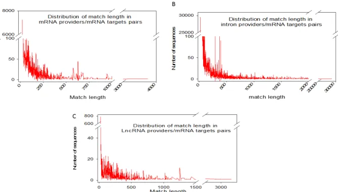 Figure 2: Distribution of match lengths in RNA provider/target pairs for mRNAs, introns and  lncRNA providers