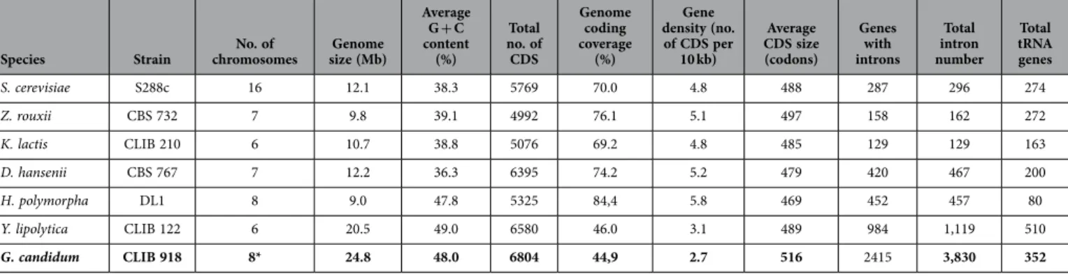 Table 1.  Genome characteristics comparison. Data from S. cerevisiae were taken from SGD (http://