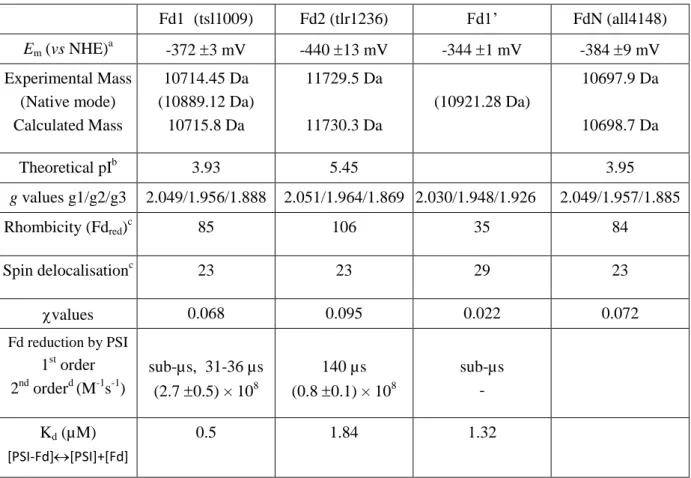 Table 2. Main properties of the ferredoxins of T. elongatus Fd1, Fd2 and Fd1’ compared to  FdN