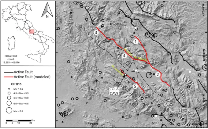 Figure 1. Tectonic sketch of the studied area. The star represents the Cola Cave (coordinates in the box); the black circles represents the epicenters of the historical earthquakes reported in the CPTI15 catalogue (Rovida et al., 2016); the black lines are