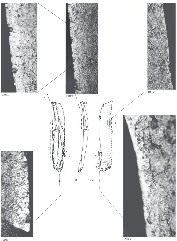 Figure 4 - auriac P iV,  G14-119. 1 : raclage de végétaux tendres rigides ; face d’attaque : pan du burin ; face en dépouille :  face inférieure