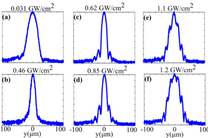 Figure 5. Measured output beam pro ﬁ le evolution as a function of incident intensity for con ﬁ guration II, TM polarization, h = 500 μ m.