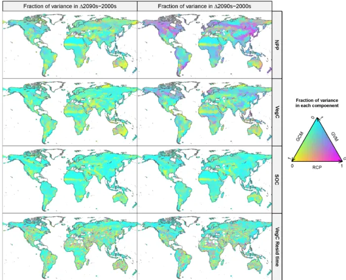 Figure 3. Geographic distribution of the relative importance of the uncertainty derived from the emission scenarios (RCPs), GCMs, and GVMs for annual NPP, VegC, SOC, and VegC residence time changes from 2000 to 2050 and 2099 in each grid cell