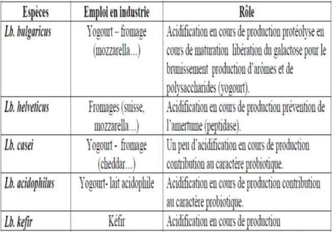 Tableau  05 :  Rôle  de  quelques  espèces  de  lactobacilles  utilisées  en  industrie  laitière  (Lamontagne.,2002) 