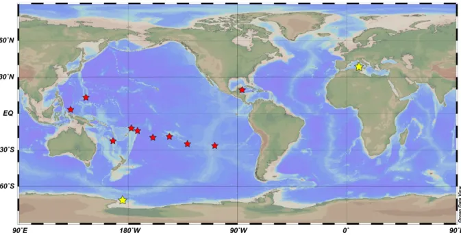 Figure 1. Sampling locations of coral colonies. Red stars: zooxanthellate corals; yellow stars: non-zooxanthellate corals