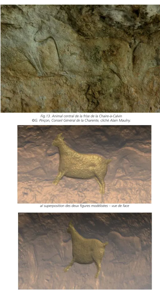 Fig. 14. Comparaison homothétique de deux ﬁgures, l’étagne de la frise de l’abri  Bourdois (Roc-aux-Sorciers) et l’animal central de la frise de la Chaire-à-Calvin.