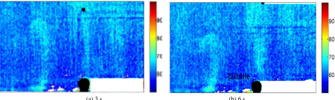 Fig. 8    Temperature field in the vicinity of a vapour bubble growing on an artificial nucleation site in ethanol of  θ e  = 6.12 °C,  (a) 3 s and (b) 6 s