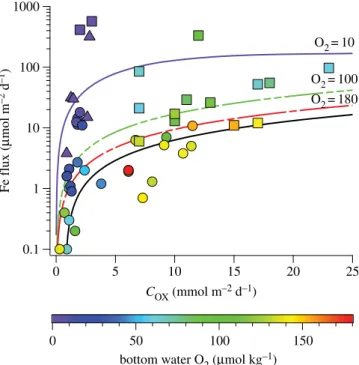 Figure 2. Benthic Fe flux measurements and parametrizations. Data markers correspond to in situ measurements as a function of organic C oxidation rates (C OX ) and bottom water oxygen concentrations from Pacific Ocean margin sites after Elrod et al