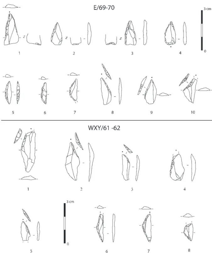 Fig. 9 – Armatures du sondage E/69-70. : n os  1 à 4 : pointes à base retouchée ; n os  5 à 7 : segments ; n os  8 à 10 : pointes  à troncature oblique