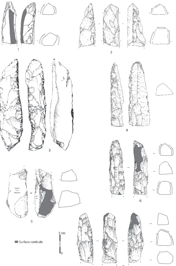 Fig. 10 – Outils prismatiques de Haute-Normandie : n os  1 à 5 : Acquigny « l’Onglais » (Eure),  n° 6 : Saint-Wandrille-Rançon (Seine-Maritime), n° 7 : Chéronvilliers (Eure).