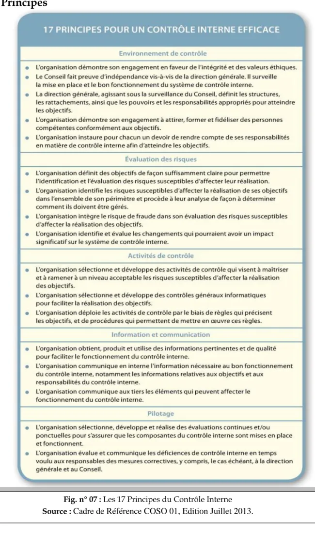 Fig. n° 07 : Les 17 Principes du Contrôle Interne   Source :  Cadre de Référence COSO 01, Edition Juillet 2013.