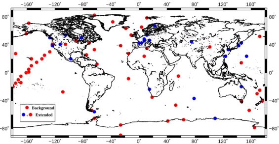 Figure 1. Location of the surface stations in the “background” (red circles only) and “extended” network (blue and red circles).