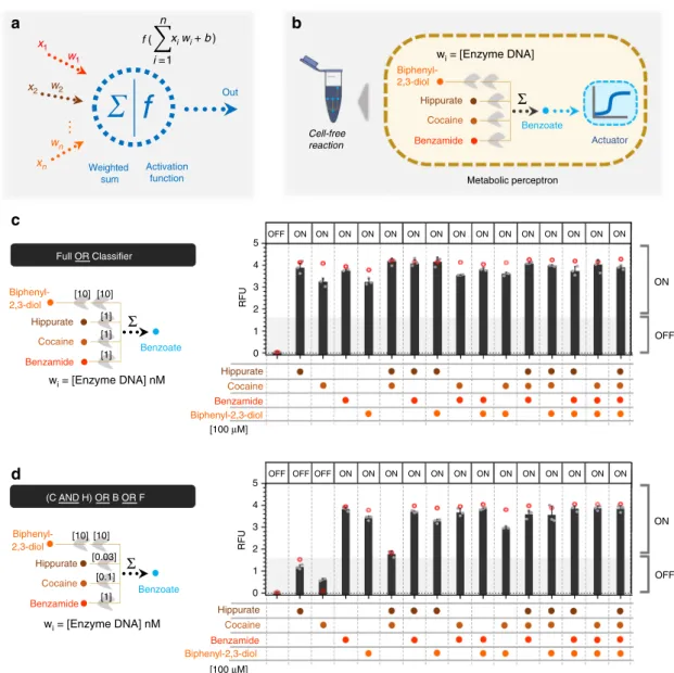 Fig. 6 Cell-free perceptron enabling development of classi ﬁ ers. a A perceptron scheme showing the inputs and their associated weights, the computation core, and the output