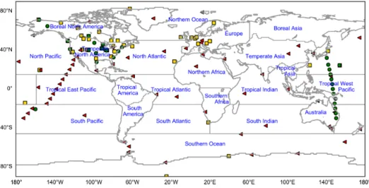 Figure A2. A map of observation sites and Transcom regions (triangles – surface flask sites; squares – continuous; circles – aircraft) used in this study.