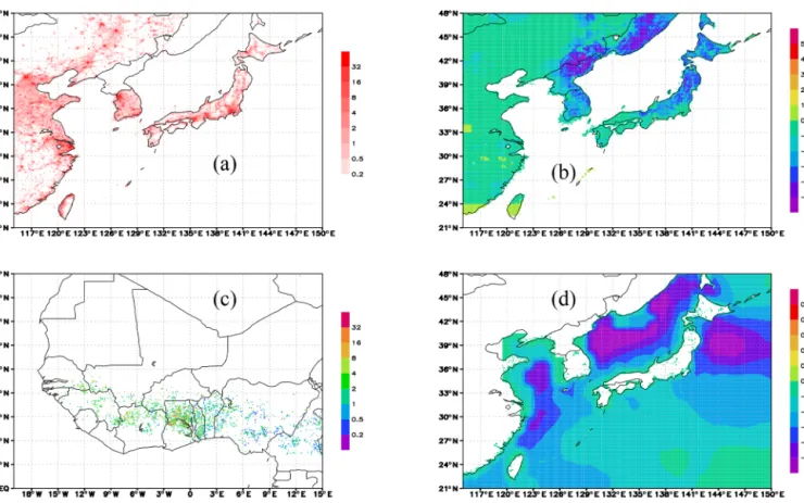 Figure 1. Examples of prior CO 2 fluxes (units gC m −2 d −1 ). (a) Emissions from fossil fuel burning by ODIAC (January 2011)