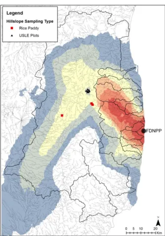 Figure  7.  Sample  locations  for  research  examining  hillslope  radiocesium  transfer  with  USLE-based  and calculations of suspended sediment yields form rice paddy fields