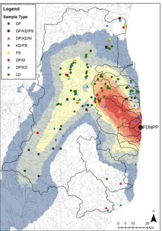 Figure  8.  Location  of  stream  sampling  locations  for  samples  examining  dissolved/particulate  (DP)  fractions  and  their  distribution  coefficient  (KD),  particle  size  (PS),  monitoring  (M),  and  lag  deposits  (LD)