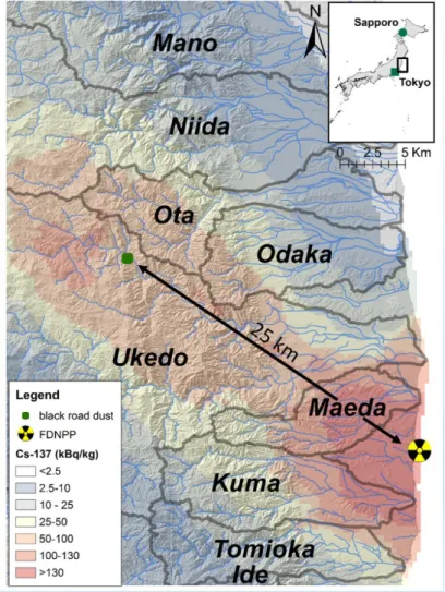 Fig.  1  Location  of  the  sampling  site  of  the  road  dust  sample  within  the  main  radioactive  pollution  plume  of 