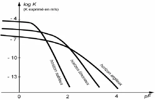 Figure 6 : Caractéristiques de conductivité hydraulique K(h) d‘un horizon argileux,  d‘un horizon limoneux et d‘un horizon sableux (BRUAUND et COQUET, 2004)