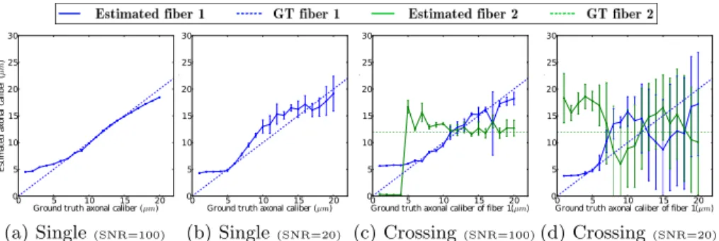 Fig. 1. Error on synthetic fiber calibers estimation using Equation (15). (a, b) Single fiber caliber estimation