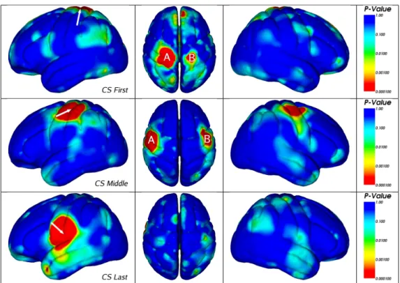Figure 3.10 Correlation Maps between the Central Sulcus and Other Brain Regions. A white arrow in each row indicates a reference landmark; correlations with the reference landmark are plotted