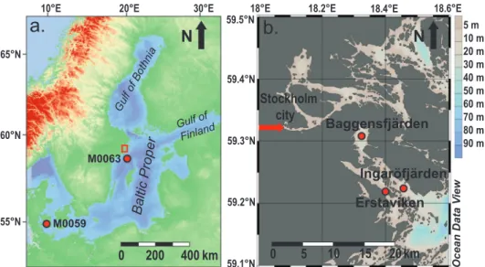 Fig. 1. Bathymetric map of the Baltic Sea, including locations of the Baltic proper, Gulf of Bothnia, Gulf of Finland, and locations of the study sites of van Helmond et al