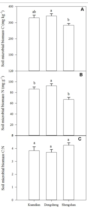 FIGURE 5 | Soil microbial biomass C (A), N (B), and C: N (C) ratio of three  mixed coniferous–deciduous forests in the 0- to 20-cm-depth increment