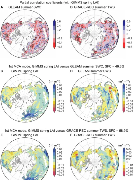 Fig. 1. Coupling between observed spring LAI and summer SWC during 1982–2011. Spatial pattern of partial correlation coefficients between Global Inventory  Monitoring and Modeling Studies (GIMMS) spring LAI and (A) GLEAM summer SWC or (B) GRACE-REC summer 