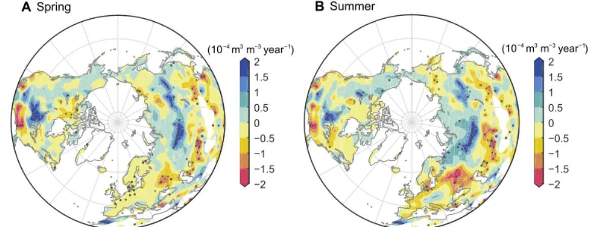 Fig. 4. Spatial patterns of IPSL-simulated trends in soil moisture induced by spring LAI changes