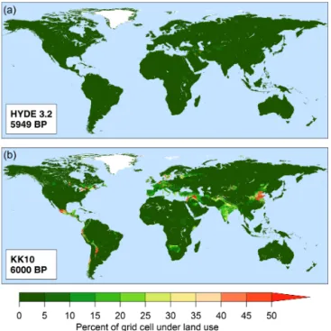 Figure 1. Land use at ca. 6000 years ago (6 ka BP, 4000 years BCE) from the two widely used global historical land use scenarios HYDE 3.2 (a; Klein Goldewijk et al., 2017a) and KK10 (b; Kaplan et al., 2011), illustrating the large disagreement between LULC