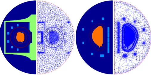 Fig. 4. The different subdomains of the geometry of the tokamak WEST (left) and ITER (right) and triangulations that resolve the geometric details.