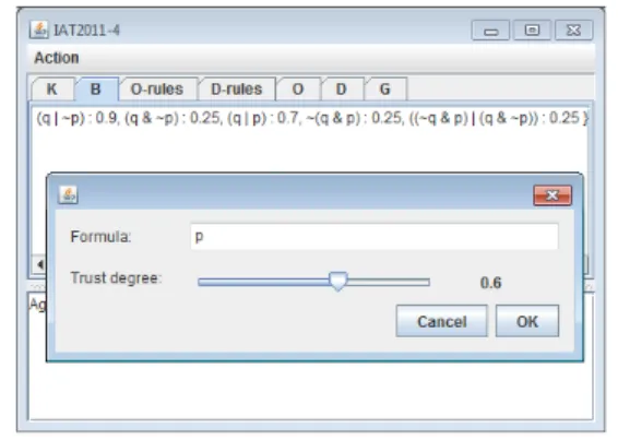 Fig. 3. A screenshot of KOBDIG’s user interface: the user is entering input 0.6 p to revise the initial belief base B of Example 4.2.