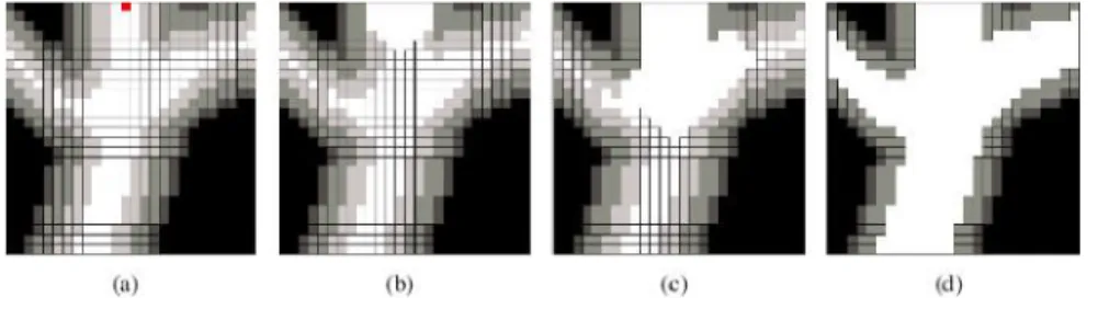 FIG.  I.1:  Principe  de  la  croissance  de  région  sur  une  image  2D  :(a)  image  initiale  à  cinq  niveaux  de  gris  (point  germe  en  rouge,  en  haut  de l’ima ge),  (b)  et  (c)  sont les  étapes successives de la croissance de région jusqu’à 