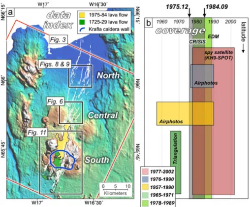 Figure 2. Topographic map of the Kraﬂa region of NE Iceland. White lines show various faults and ﬁssures which make up the Kraﬂa ﬁssure swarm and which have been active throughout the Late  Quater-nary