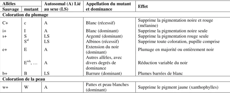 Tableau 6: Principaux gènes de coloration ou à effet morphologique chez la poule 