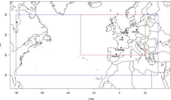 Figure 1. Upper panel: North Atlantic region (blue rectangle) and western European region (red rectangle) on which analogues are computed.