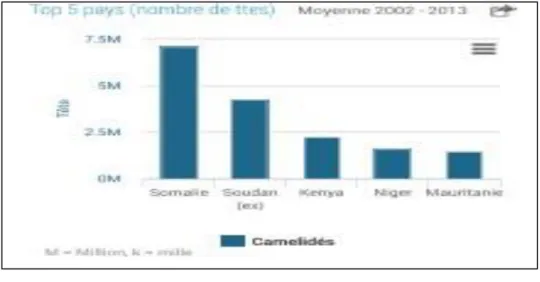 Figure  2  :  Les  cinq  pays  qui  possèdent  la  plus  grande  production  du  dromadaire (nombre de tête)