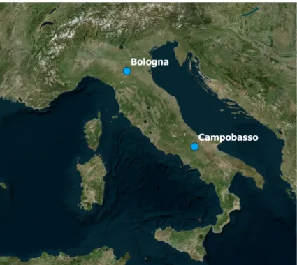 Figure 5. Map. Italy with highlighted the cities of Bologna and Campobasso. The image is created using QGis 2.18 software (QGIS Develop- Develop-ment Team 2020