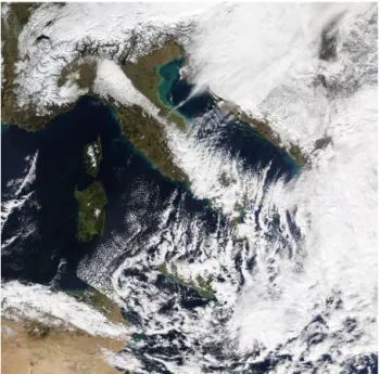 Figure 9. NASA satellite image. The image shows the snow convective cloud bands associated to the cold spells (Visible Infrared Imaging Radiometer Suite (VIIRS), Aqua and Terra, images of 09-02-2015