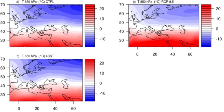 Figure 12. Averaged cold spells for PlaSim of T850. The average of 32 best analogues of PlaSim of Temperature at 850 hPa (°C) for a) CTRL run; b) RCP-8.5 run and c) 4K-SST run.