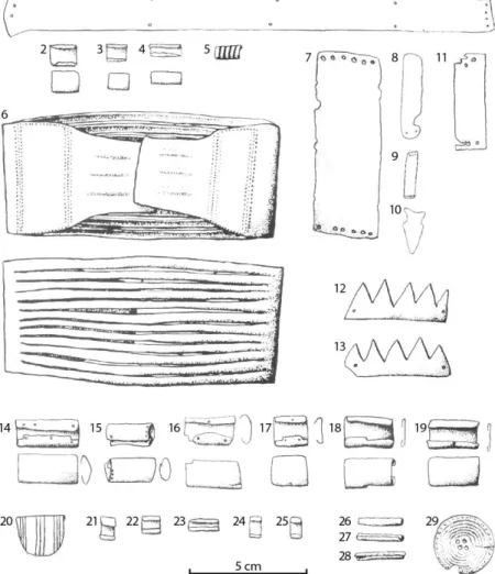 Figure  9  –  Orfèvrerie  campaniforme  mise  au  jour  dans  la  région  de  Carnac.  N°  1 :  bandeau ;  n°  2  à  4  et  14  à  25 :  agrafes ;  n°  5 :  perle  hélicoïdale ;  n°  6 :  collier  à  lamelles  découpées  ou  « gargantillas  de  tiras » ;  