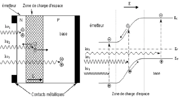 Figure III-1:  Schémas de principe de fonctionnement d’une cellule solaire. 