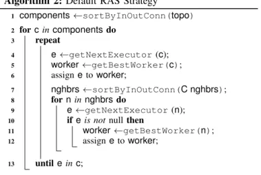 Fig. 1a will lead to the deployment in Fig. 1c. First it will compute the in-out degree of each components, taking into account the parallelism level