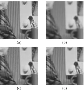 Fig. 1 – Restauration d’une image floue et bruit´ee : (a) image de r´ef´erence, (b) image observ´ee floue et bruit´ee (P SN R = 25.6 dB), (c) r´esultat du mod`ele de  parcimo-nie (P SN R = 28.9 dB), et (d) r´esultat du mod`ele de r´egularit´e (P SN R = 29.